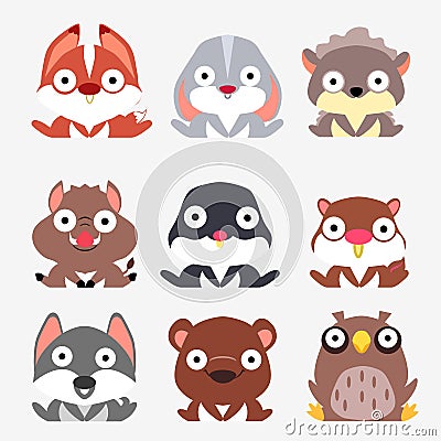 Stylized set of cute forest animals. Fox, hare, hedgehog, boar, mole, squirrel, wolf, bear and owl are sitting on white background Stock Photo